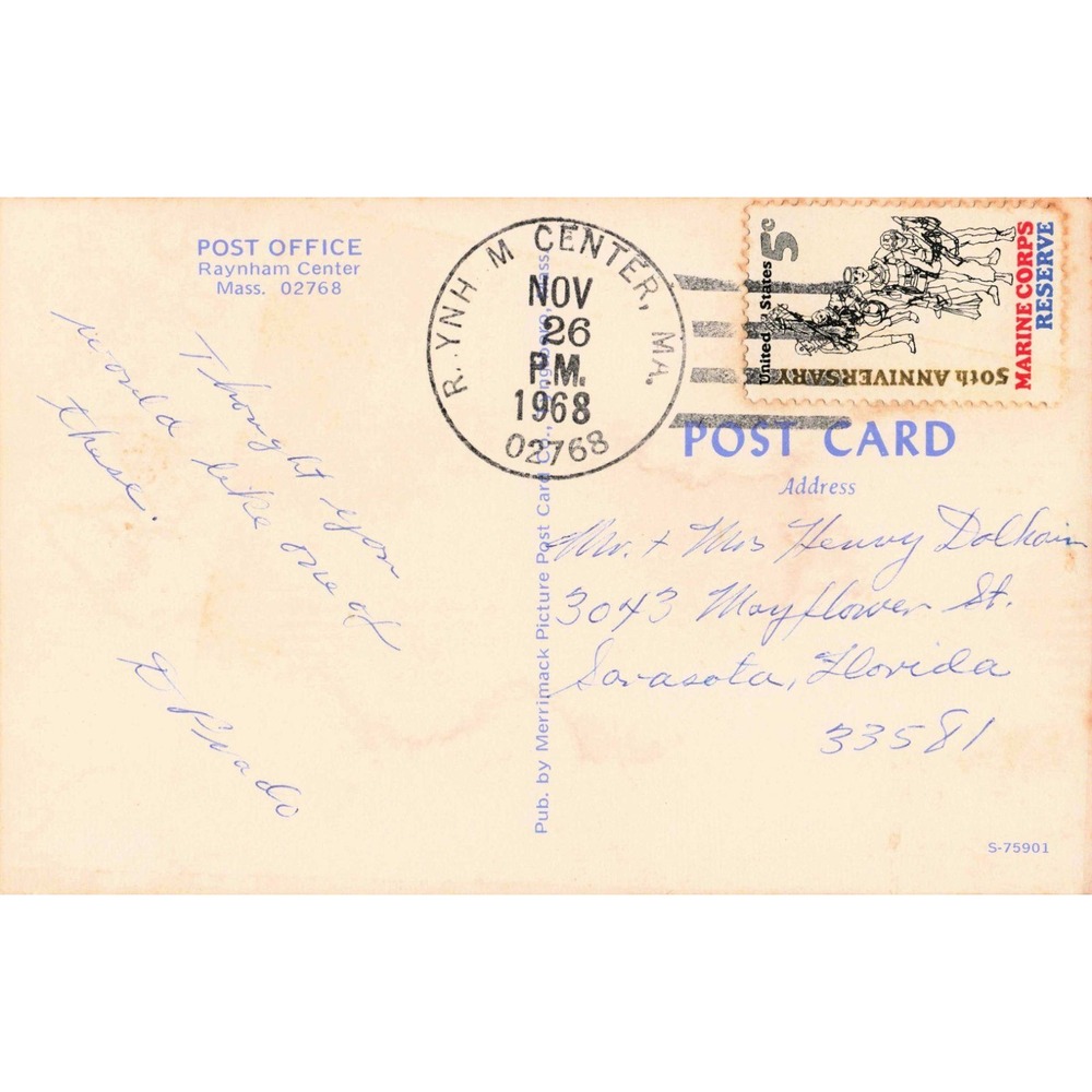 Vintage Postcard Raynham Center MA Post Office 1968 Postmark Marine Corps Stamp - Picture 2 of 2